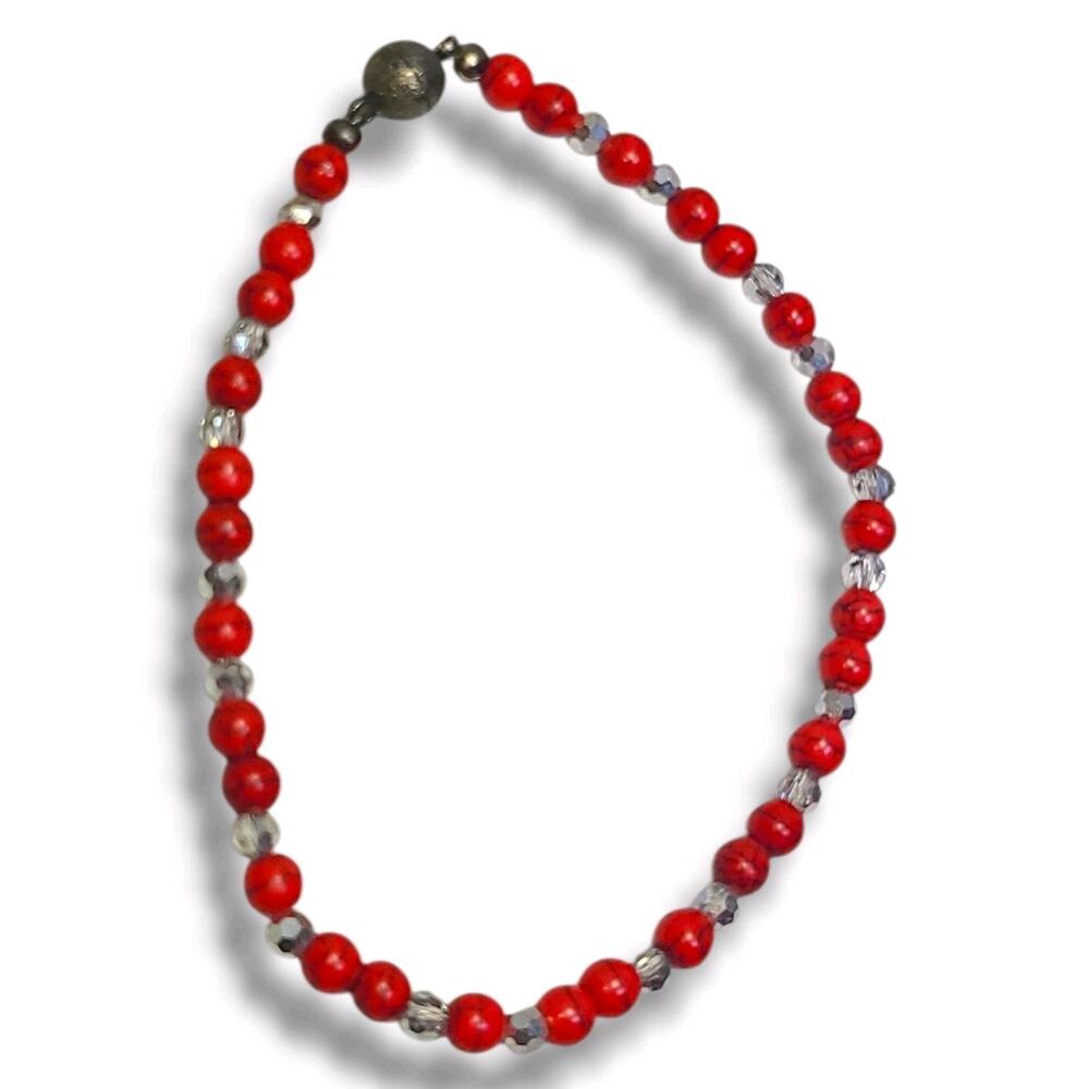Vintage Red‎ Stone & Crystal Beaded Anklet Ankle Bracelet 9.5" Magnetic Clasp